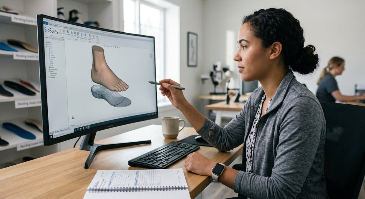 An orthotist at a workstation, studying a 3D model of a foot and a matching insole on screen, stylus in hand.